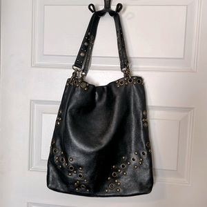 Hobo International Tote Bag with Grommets and Studs Metallic Slate Gray